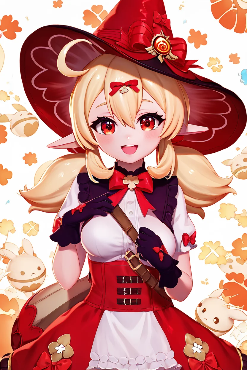score_9, score_8_up, score_8, medium breasts, (curvy), cute, eyelashes, ,,, , ,,, zzKlee, hair between eyes, red eyes, ahoge, blonde hair, long hair, low twintails, pointy ears, twintails, witch hat, bow, gloves, short sleeves, black gloves, alternate costume, sidelocks, hat bow, <lora:KleeBlossomingStarlight_Genshin_PDXL:1.0>, ,,,, BREAK, smile, looking at viewer, cowboy shot, ,,, embedding:zPDXL, Expressiveh, ,,, <lora:Zy0n7_PDXL:0.8>, <lora:SDXLFaeTastic2400:0.5>, <lora:Expressive_H-000001:0.4>,