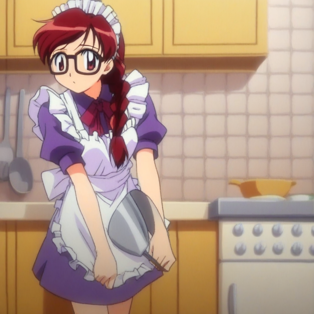 score_9, solo, minazuki_taeko, red hair, glasses, braided ponytail, maid headdress, apron, cute, kitchen