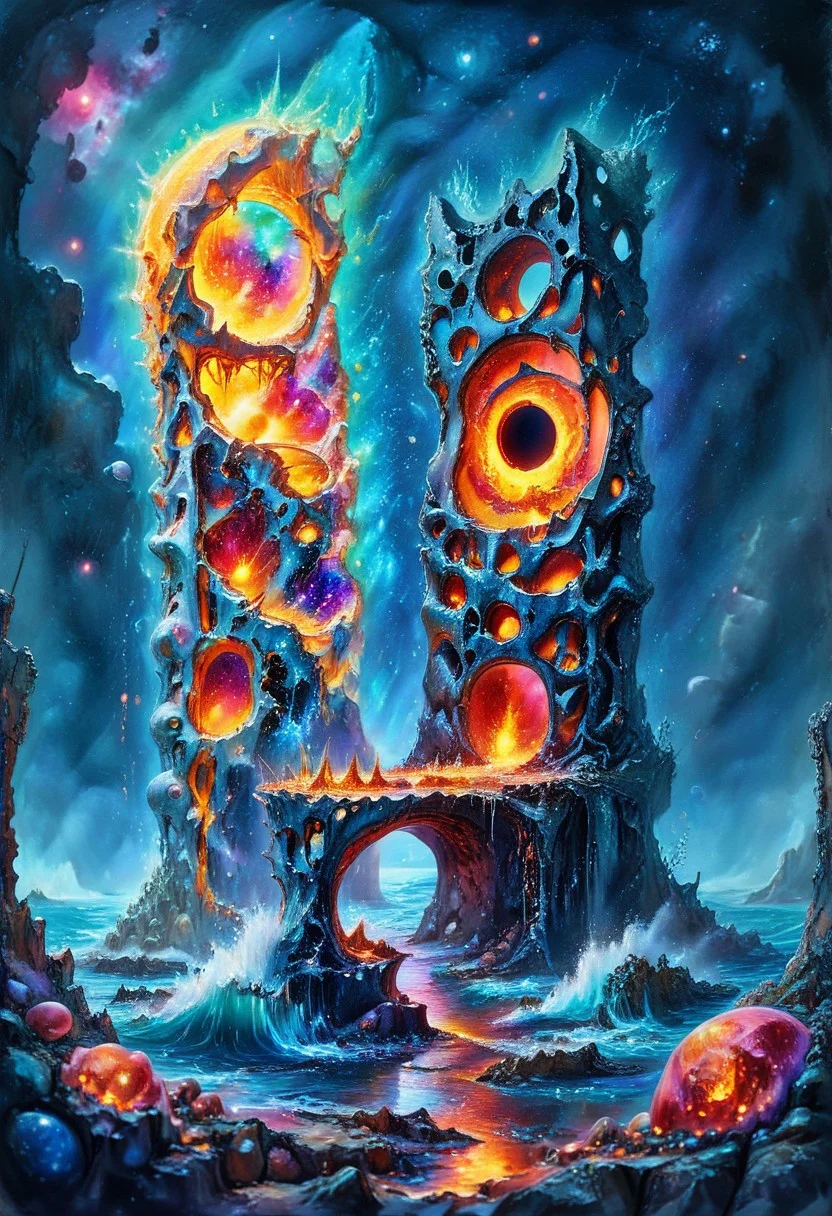 watercolor painting, Surreal, masterpiece, Oceans of molten metal. Space. torn stars and galaxies. cosmic rivers. Destruction. Skeletal structures. towers. distorted reality. black hole. Gods. surreal. ultra quality , 8k, best quality, textural, artistic, midjourneyv6.1, cube, surr, cube impression, vivid color, Colorful Chaos Cracks and Drops, Dreamyvibes Artstyle, ((4k,8k,Ultra HD)),((Masterpiece :1.2)),((Best quality :1.2)),((Detailed :1.5)),((Detailed background :1.5))
