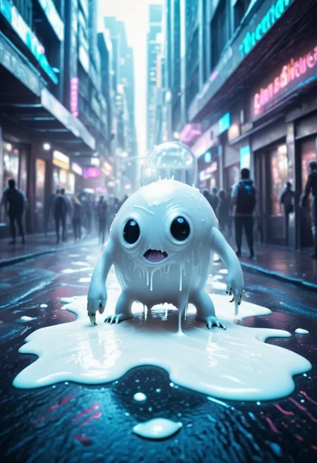 a white wobbly creature moves through the street of a cyberpunk city. Milk is dripping from the creature to the street.