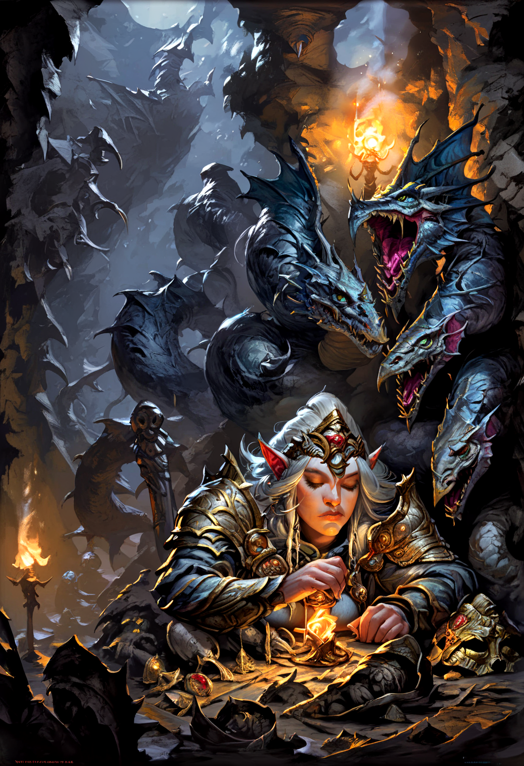 score_9,score_8_up, score_8, 
1girl, solo, large breasts, armor, torch, cave, stalactite, stalagmite, sleeping dragon, pile of gold, DnDV1,
 <lora:Expressive_H:0.5>  <lora:Dungeons_and_Dragons_Art_Style:1>