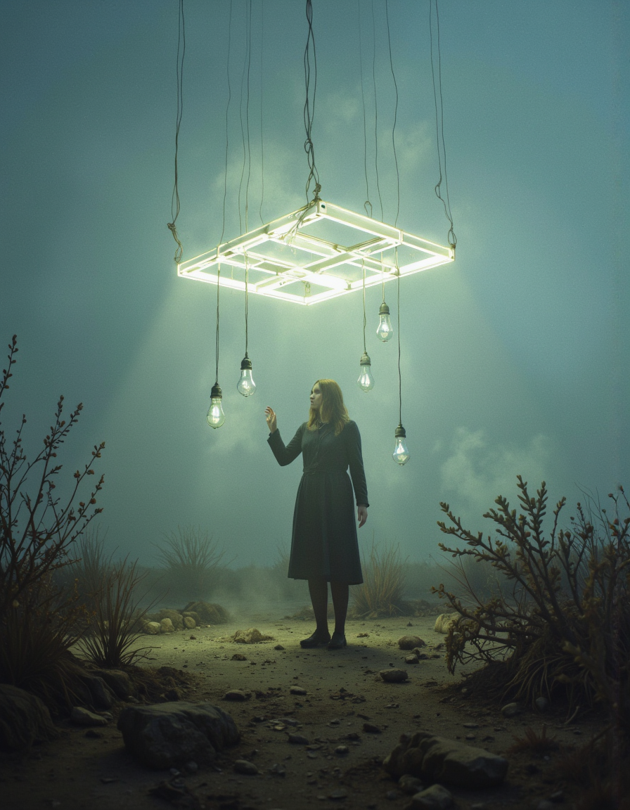 An enigmatic composition bathed in soft, diffused light, blending whispers of surrealism and melancholia. The scene unfolds in a cinematic atmosphere where subtle textures and delicate grains add depth, while the interplay of light and shadow enhances the quiet intensity of the moment. A subdued color palette merges with ethereal haze, evoking a dreamlike quality and timeless stillness. The central subject â "The Empty Connections": A geometric grid of glowing lines floats above a barren landscape, perfectly symmetrical, yet pulsing faintly with mismatched rhythms. At each node of the grid, an unlit lamp dangles, swaying slightly as if touched by an unseen wind. Beneath it, a person stands with their hand raised, as if trying to reach a light that will never turn on.
â is delicately framed, their presence balanced between mystery and intimacy. Surrounding elements, rich in symbolic undertones, anchor the narrative in an otherworldly context. Organic details like softly swaying flora or faintly glowing surfaces contrast with stark, haunting figures, creating a juxtaposition that is both poignant and surreal. The composition invites introspection, with negative space amplifying the mood's resonance. Every detail, from the atmospheric depth to the muted highlights, serves to craft an image that feels suspended in an emotional, poetic realm. surreal style <lora:Exogenous:1>
