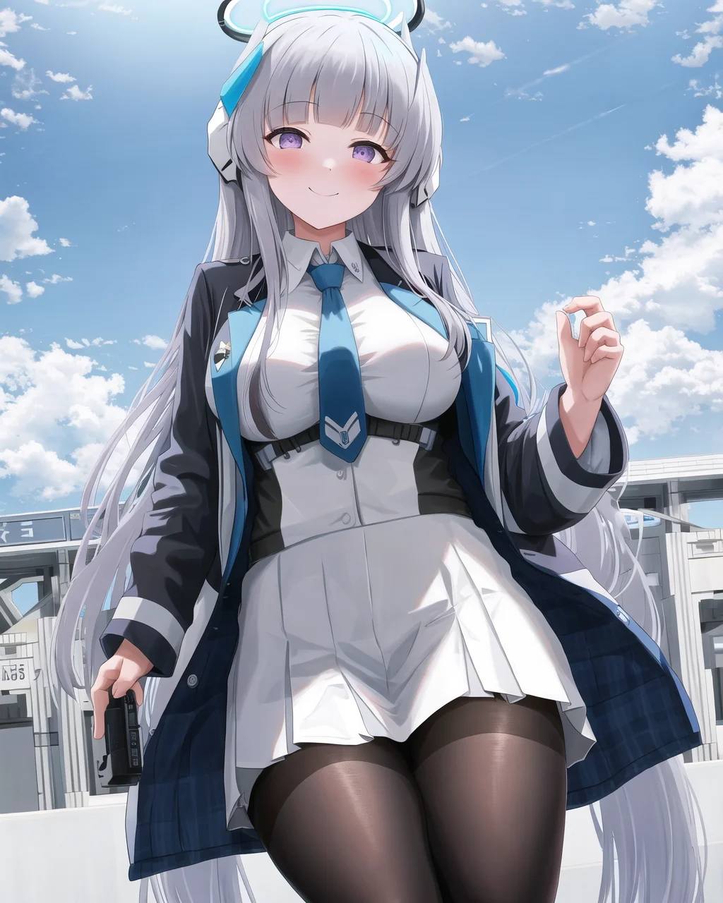 halo, 1girl, purple eyes, solo, necktie, sky, jacket, blue necktie, looking at viewer, mechanical halo, long hair, smile, suit, formal, grey hair, cloud, shirt, white jacket, white suit, id card, breasts, open clothes,white skirt, black pantyhose,masterpiece, best quality,standing,outdoors,ba-noa