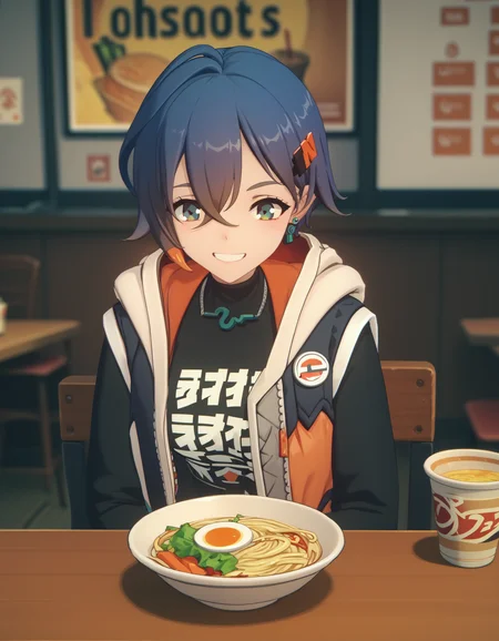 score_9, score_8_up, score_7_up, 1girl, excited, smile, sitting, table, chair, cup ramen, indoors
<lora:zzz-siblings-ponyxl:1> belle, hooded jacket, black shirt, skirt