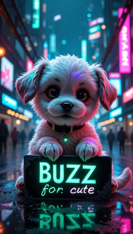 An image of an adorable puppy with cyberpunk aesthetics, sitting in a futuristic urban environment. The puppy has large, expressive eyes and a soft, fluffy coat, with patches of fur glowing in vibrant neon shadesâpink, blue, and purpleâadding to its cuteness. Its collar has small LED lights that flicker with a soft, pulsing glow. In its paws, the puppy holds a sleek, metallic sign that reads 'BUZZ for cute,' with the text illuminated in bold, neon green letters that stand out against the background. The cityscape behind the puppy is a mix of towering, futuristic skyscrapers adorned with glowing holographic ads, wires, and cables that drape down from various structures. Neon lights and signs in various colorsâmagenta, cyan, and electric blueâbathe the scene, casting vibrant reflections on the rain-slicked streets. The puppy's playful, innocent expression contrasts with the edgy, high-tech atmosphere, creating a delightful blend of cute and cyberpunk energy., <lora:FluxD_DonM5h4d0wM317FX_000007.safetensors:0.15:0.15> <lora:FluxD_FaeTasticDetails.safetensors:0.15:0.15> <lora:Flux_vividizer.safetensors:0.35000000000000003:0.35000000000000003>