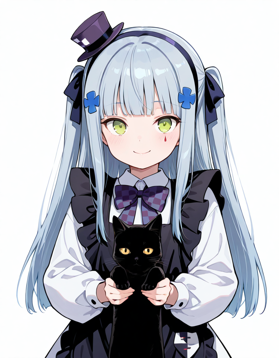 Volumetric Lighting, (masterpiece), (best quality), (ultra-detailed), masterpiece, source_anime, score_9, score_8_up, score_7_up BREAK, illustration, disheveled hair, detailed eyes, perfect composition, moist skin, intricate details, detailed eyes, detailed face, detailed fingers BREAK, green eyes, long hair, grey hair, blue hair,blunt bangs, teardrop facial mark,aged down, two side up BREAK, BlackCatGift, aged down, two side up,BCG_dress, BCG_mini_hat, BCG_apron, teardrop facial mark, BCG_hairband, BCG_hair_ribbon, BCG_checkered_bowtie BREAK, ((white background)), looking at viewer, standing,upper body, smile, cat, black cat, tilted headwear, holding animal, holding cat