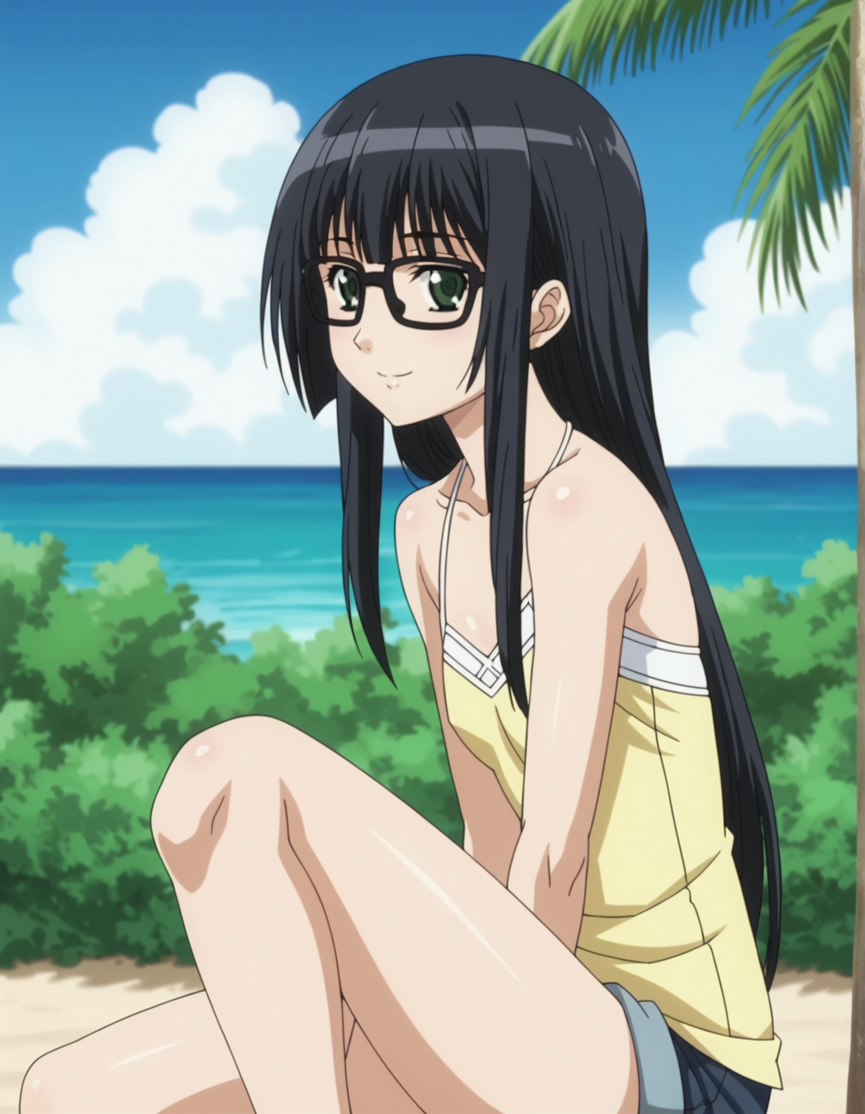 1girl, anime screencap, <lora:VexVexX_Aoi_Futaba_PONYXL:1>, AoiFutaba, long hair, black hair, bangs, green eyes, glasses, flat chest, deep skin, skindentation, seductive smile, detailed skin, glossy skin, white shirt, yellow shirt, shorts, cowboy shot, from side, sitting, hands behind back, legs together, thighs together, knee up, looking at viewer, outside, beach, ocean, palm trees