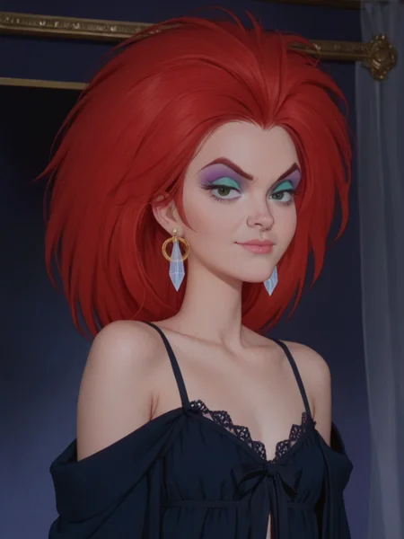 score_9, score_8_up, score_7_up,1girl, solo,    <lora:Dark_Princess_Pony:1> 1girl, solo, ssdp2, red hair, green eyes, nightgown, robe, diamond earrings, eyeshadow, makeup, standing upper body, bare shoulders, bedroom eyes, aroused, smirk