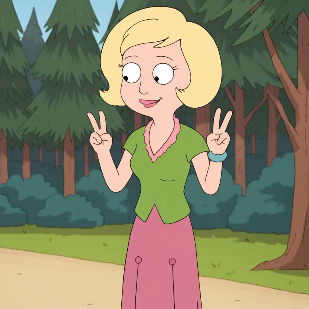 score_9_up, score_8_up, score_7_up, BREAK, JudyPanawitz, 1girl, solo, blonde hair, short hair, black eyes,  shirt, short sleeves, skirt, double v, forest,   <lora:JudyPanawitz_AmericanDad_PXL_Leaf1:1>