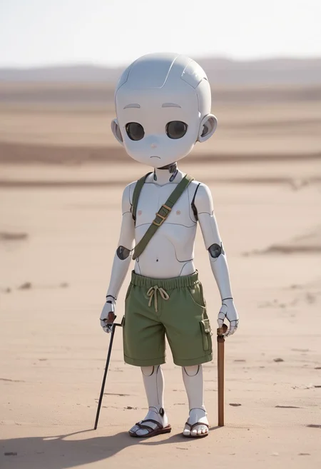 score_9, score_8_up, score_7_up, score_6_up, rating_safe, chibi, 1boy, small robot boy, silver skin, gearing in his joints, green shorts, sandals, walking stick, desert with cactuses