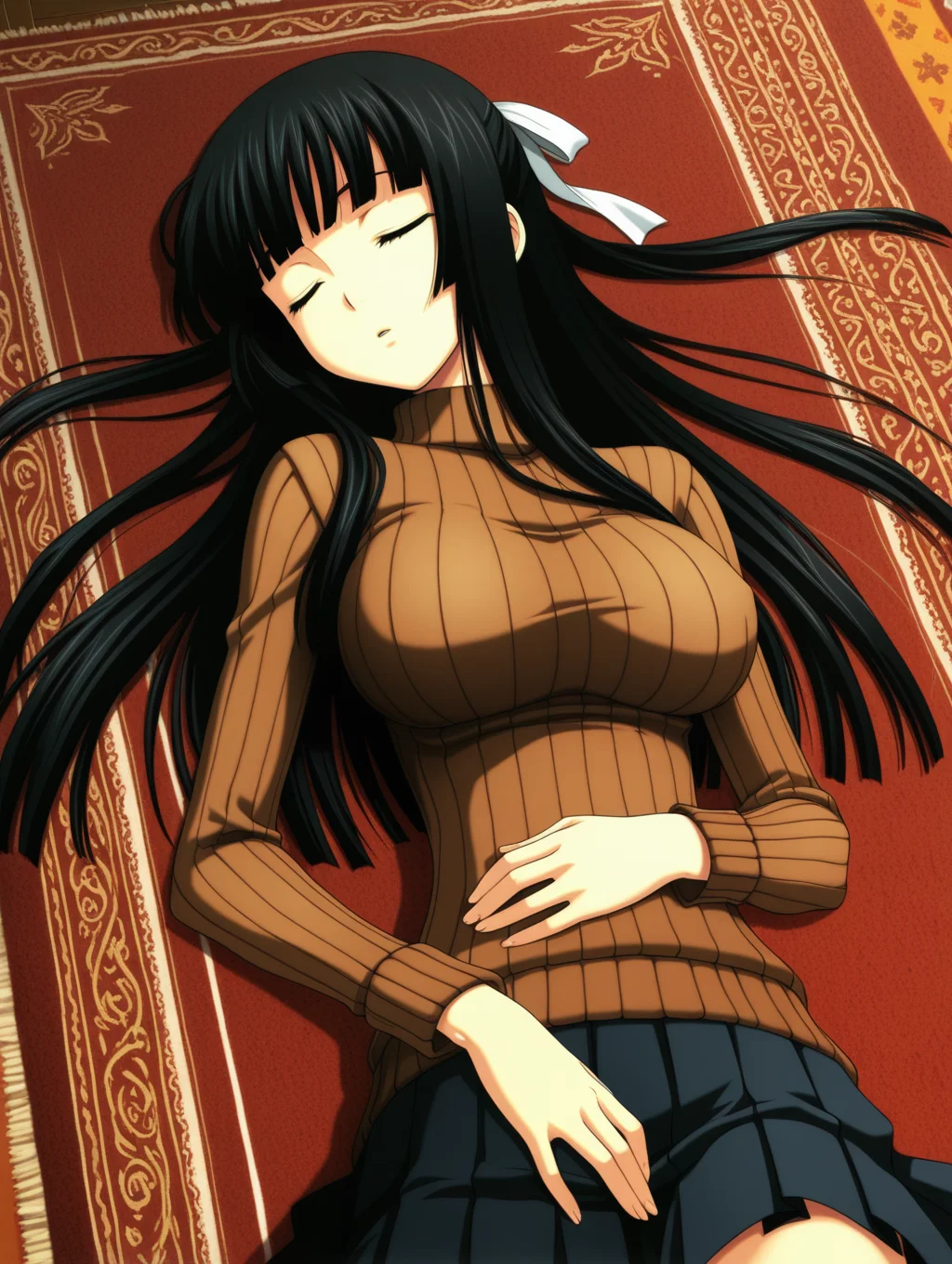 1girl, large breasts, (skinny:1.2), black hair, blunt bangs, long hair, 2010s \(style\),
hair ribbon, brown sweater, ribbed sweater, pleated skirt, sleeping, carpet, upper body
,masterpiece,best quality,amazing quality,