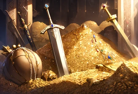 masterpiece, best quality, very aesthetic, absurdres, soft shadows, ultra details,greatsword, intricate, detailed background,close up, treasure-room,treasure, sword,pile of gold, scenery, crown, jewelry, bracelet,  necklace, pearls,gems,gemstone, glint,( no humans:1.1)<lora:treasure room (animagine) v1:0.7>,planted sword