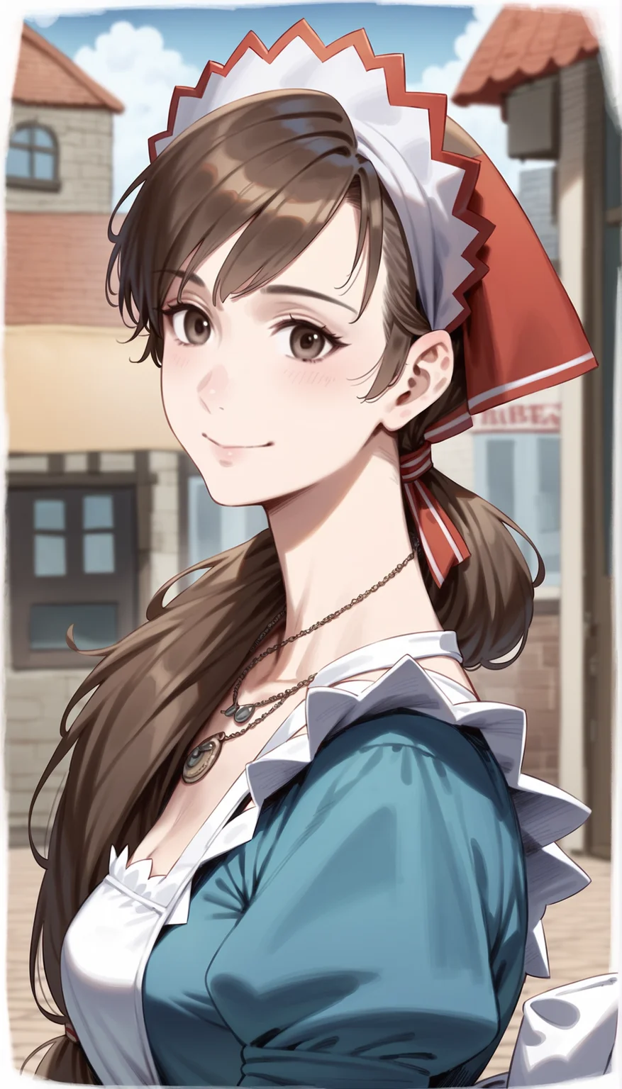 score_9,score_8_up,score_7_up,
realistic,highly detailed,
<lora:aliciamelchiott:0.9>,aliciamelchiott,1girl,solo,
brown hair,low ponytail,brown eyes,looking at viewer,smile,headdress,necklace,blue dress,white apron,portrait,
outdoors,street,little store,vignetting,blurry background,