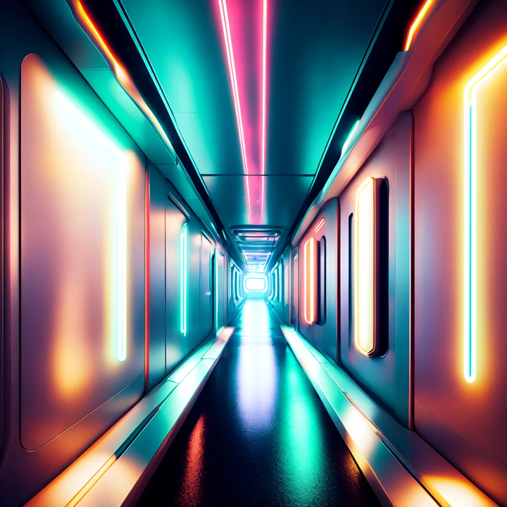 (corridorfuturism style:1) hallway in a sci - fi environment with neon lights <lora:djzCorridorFuturismV21:0.8>