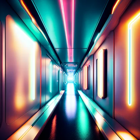 (corridorfuturism style:1) hallway in a sci - fi environment with neon lights <lora:djzCorridorFuturismV21:0.8>