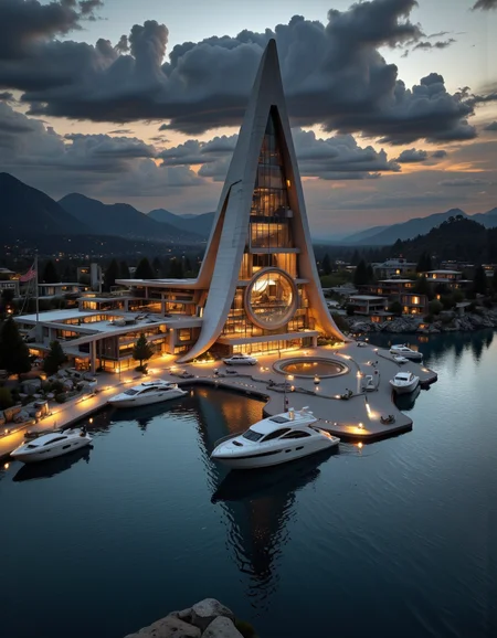 Futura. A stunning architectural rendering of a futuristic building situated on the shore of a lake, surrounded by mountains at dusk. the building has a unique architectural design with a triangular shape and a large circular window in the center. The building is lit up with warm, golden light, creating a beautiful contrast against the dark sky. surrounding the building, there are several smaller buildings with a modern, minimalist aesthetic, adding to the overall aesthetic of the image. the lake is calm and still, reflecting the warm light of the setting sun, while the mountains in the background provide a picturesque backdrop. a few boats can be seen docked at the marina, adding a touch of luxury to the scene. the overall atmosphere is one of tranquility and serenity, making this a truly captivating and awe-inspiring sight. <lora:Futura-000005:1>