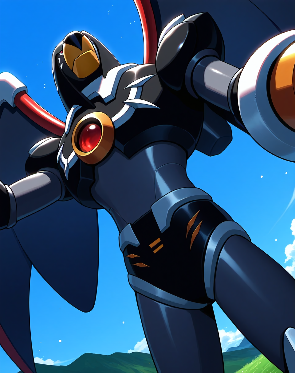 <lora:Flame_Falcon_(Mega_Man_X)_(Illustrious)_(AD):1.35> Flame Falcon, reploid, MMX, 
exterior, blue sky with clouds, mountain valley, grassy valley,
dutch angle, dynamic action, cowboy shot,
male focus, intense shadows, dynamic shadows, intricate details, attention to details, gradient coloring, robot, bright vivid colors, deep metallic colors, glossy metal body, wings, beak, 
BREAK very awa, masterpiece, best quality, amazing quality, very aesthetic, highres, absurdres,
EZRealPONYXL, zPDXL, Smooth Quality, lazynsfw,