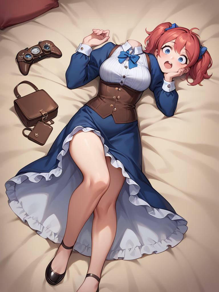 score_9,score_8_up,score_7_up,score_6_up,score_5_up,score_4_up, source_anime BREAK detached_head + holding head girl, blue eyes, surprised, hands on hip, steampunk dress, from above, lying on,  <lora:sdxlpony_disembodiedhead-t1-000006:1.2>