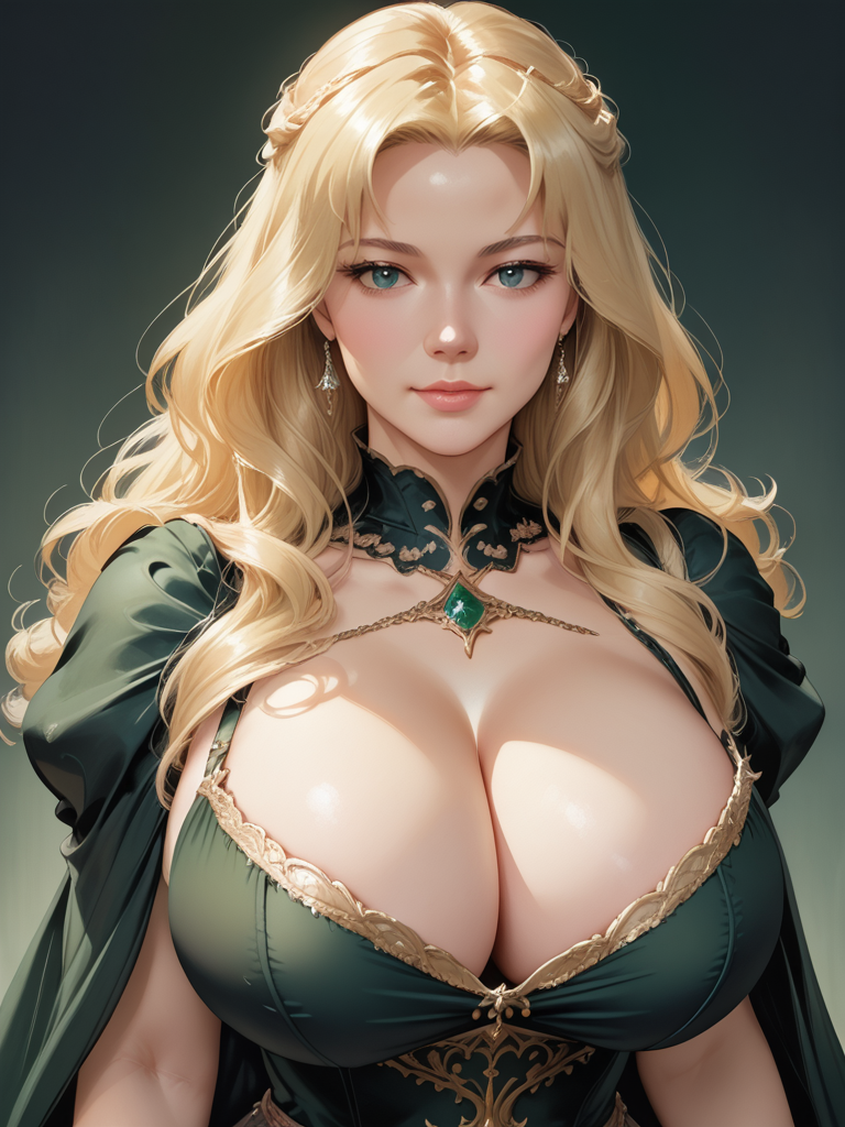 score_9, score_8_up, score_7_up, eowin33, eowyn, portrait,  1girl, breasts, blonde hair, solo, dress, long hair, huge breasts, cleavage, looking at viewer, <lora:Eowyn33:1>