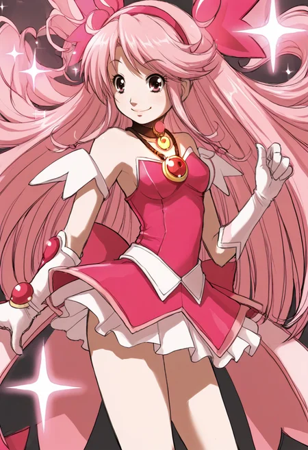 <lora:Phalcon:0.8> phalcon, 1girl, magical girl, pink dress, micro skirt, sparkle, smile, very long hair, pink hair, amulet, hairband,