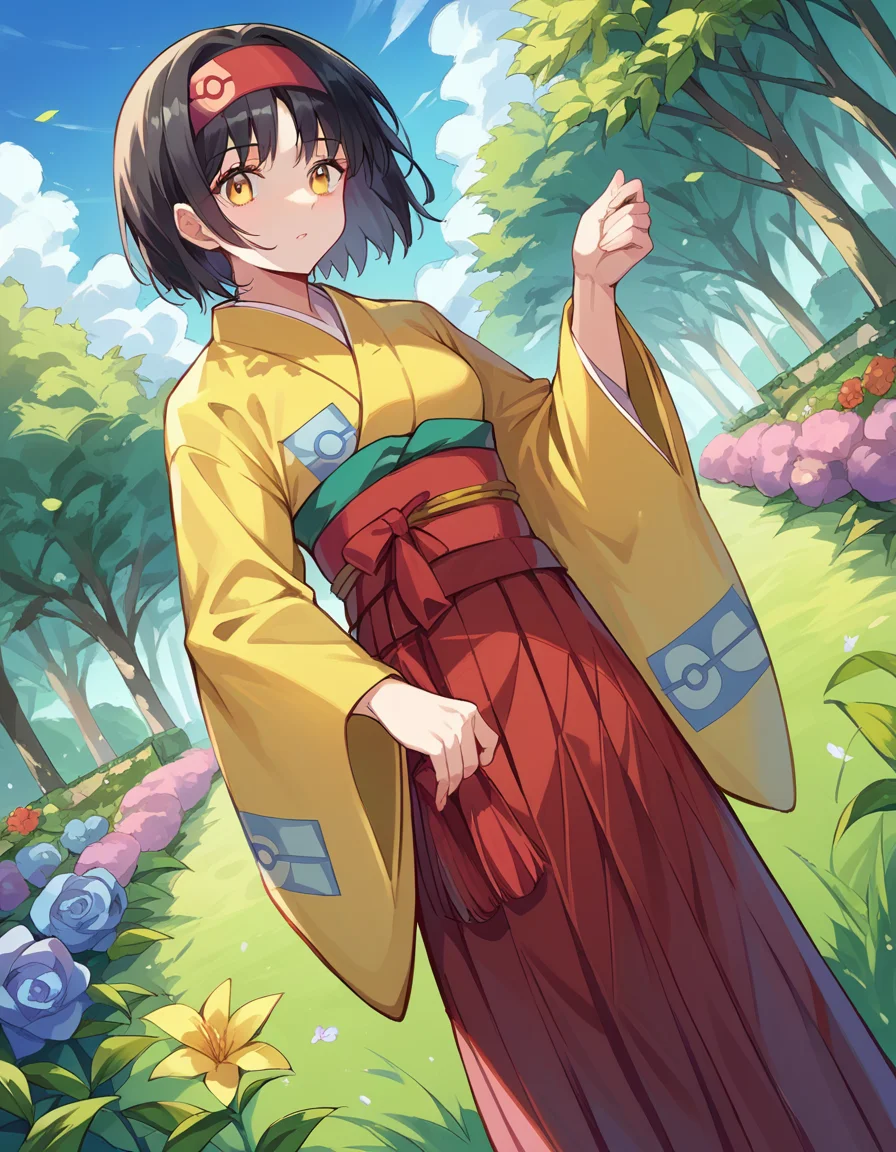 score_9, score_8_up, score_7_up, source_anime,
pokemonerika, <lora:pokemon-erika-ponyxl-lora-nochekaiser:1>
pokemonerika, yellow eyes, black hair, headband, short hair,
japanese clothes, kimono, hakama, red hakama, long sleeves, wide sleeves,
outdoors, garden, flowers, grass,
looking at viewer, cowboy shot, dutch angle,