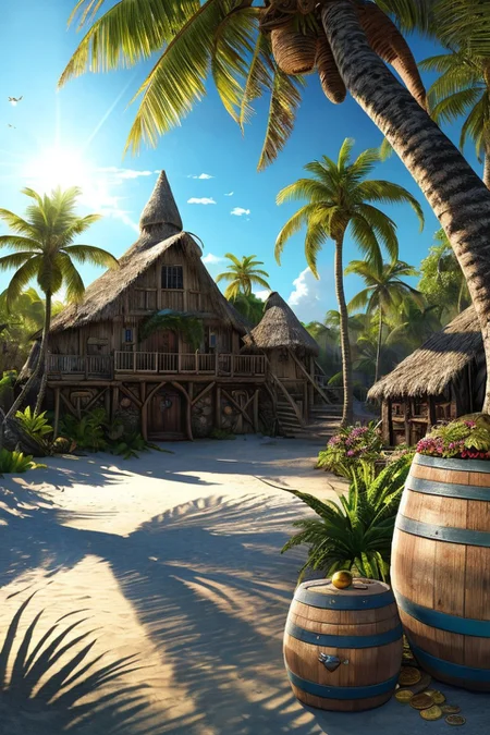 (illustration:1.2), (beautiful caribbean beach pirate landscape), fantasy, sharp focus, (ultradetailed), (ship galleon:1.2), pirate (village), leafy beach coast, (treasure chest with coins, gems and jewels, rum barrel, best quality masterpiece, bright sunny sky, backlight, natural lights, high contrast, hdr, shadows, pretty, beautiful, (PirateDiffusionprt:0.5), PrateT,