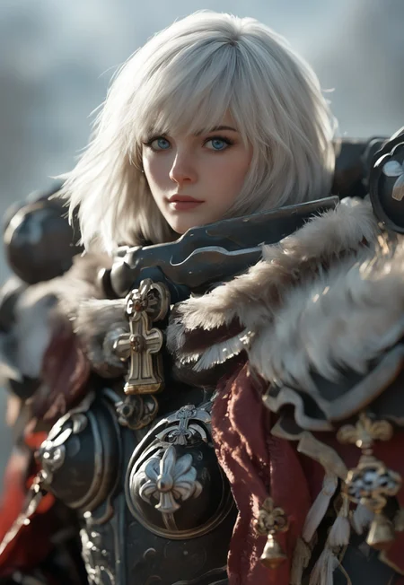 safe_pos, score_9, score_8_up, score_7_up,
BREAK,
upper body focus, head to knee shot,
BREAKE,
white hair, short hair, bob haircut, bangs, makeup, medium breasts, blue eyes, strong, beautiful face, french, freckles, fit, Sororitas, armor, shoulder armor, pauldrons, power armor,
BREAK,
looking at viewer,
BREAK,
Sister of Battle,
(((full clothed)))
(((((upper body))))), dynamic pose
<lora:Dynamic Poses:1>
<lora:detailed_notrigger:1>
(((full clothed)))
