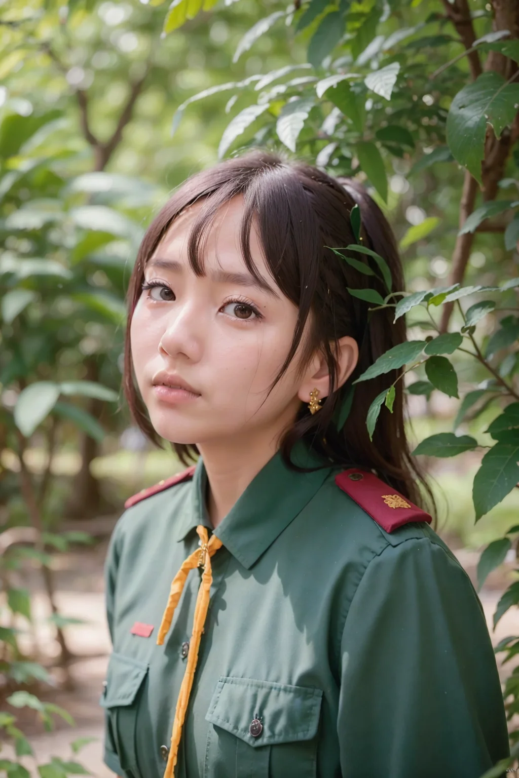 close-up shot, fashion photography portrait of Rattana Sunthorn, wearing thai_girlscout_uniform, in lush jungle, 3d render, cgi, symetrical, octane render, 35mm, bokeh, 9:16, (intricate details:1.12), hdr, (intricate details, hyperdetailed:1.15), (natural skin texture, hyperrealism, soft light, sharp:1.2)
,<lora:epiNoiseoffset_v2:1>,<lora:THgirlscout_v6-000007:.8>,