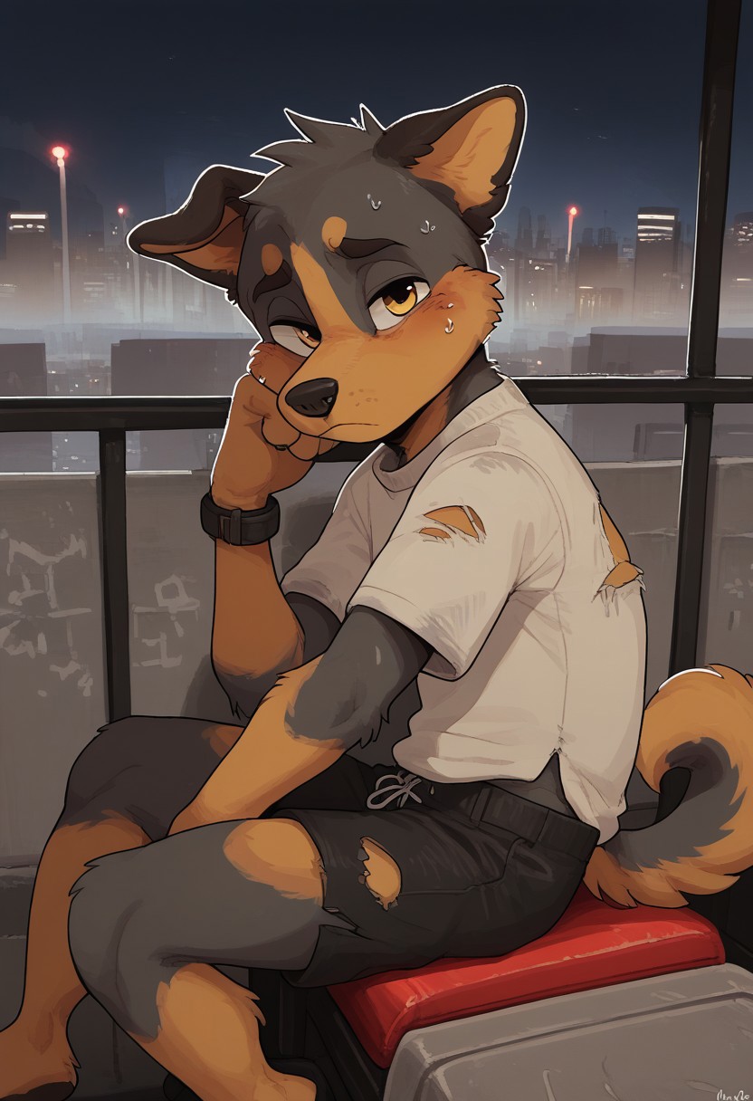 (easynegative:0.2 ) boy, dog,  furry,  anthro, young, two-tone body, 
grey body, side view, torn clothes, hands down, shorts, grey t shirt, sitting on ladder, sad face, looking at viewer, night, city, homeless,  solo,  ,shuuko, light colors, bright colours, cute,