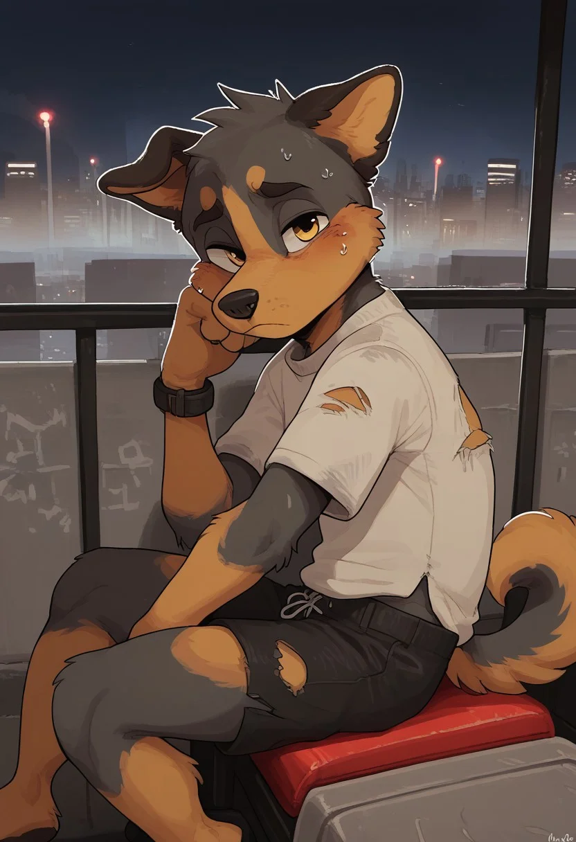 (easynegative:0.2 ) boy, dog, furry, anthro, young, two-tone body,
grey body, side view, torn clothes, hands down, shorts, grey t shirt, sitting on ladder, sad face, looking at viewer, night, city, homeless, solo, ,shuuko, light colors, bright colours, cute,