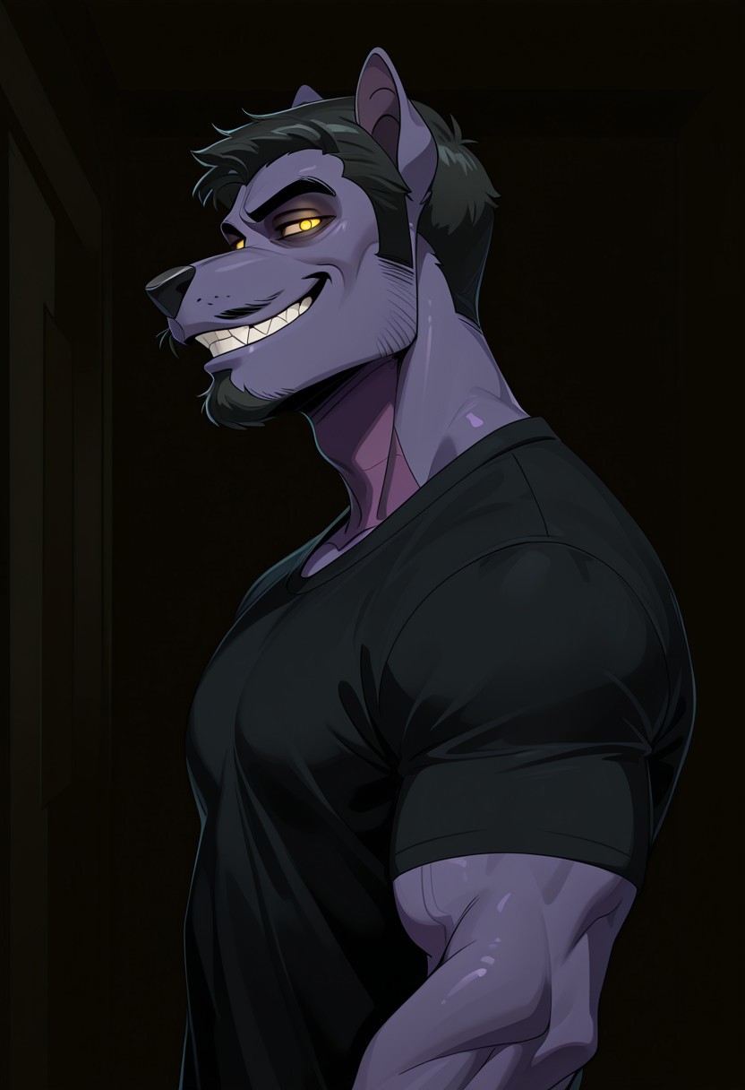 masterpiece, best quality, amazing quality, very aesthetic, absurdres, newest,  high quality, detailed, male, solo male, JasonCD, 1boy, broad shoulders, mature male, anthro, purple skin, yellow eyes, black hair, thick eyebrows, facial hair, goatee, mustache, sideburns, animal ears, athletic build, beard, half lidded eyes, grinning, looking at viewer, volumetric lighting, detailed face:2.0, detailed eyes:2.0, short hair, indoors, black shirt, half body, dark (theme). glowing eyes, horror, side view