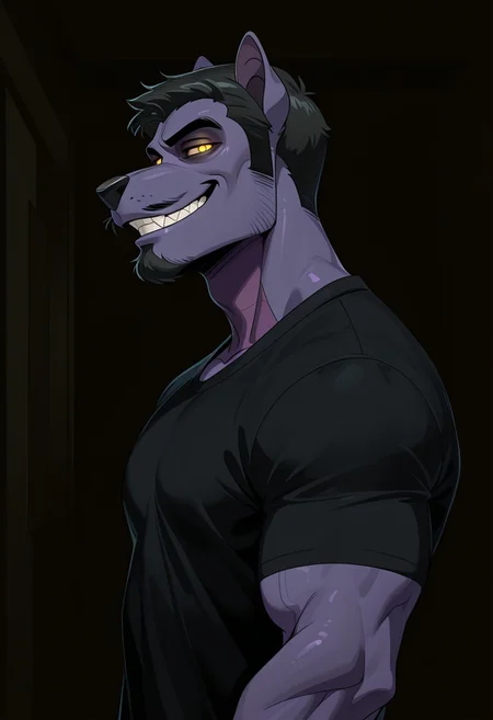 masterpiece, best quality, amazing quality, very aesthetic, absurdres, newest, high quality, detailed, male, solo male, JasonCD, 1boy, broad shoulders, mature male, anthro, purple skin, yellow eyes, black hair, thick eyebrows, facial hair, goatee, mustache, sideburns, animal ears, athletic build, beard, half lidded eyes, grinning, looking at viewer, volumetric lighting, detailed face:2.0, detailed eyes:2.0, short hair, indoors, black shirt, half body, dark (theme). glowing eyes, horror, side view