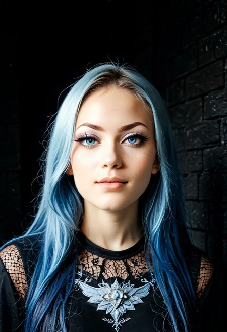epiCPhotoGasm-colorfulPhoto, score_9, score_8_up, score_7_up, score_6_up, score_5_up, score_4_up, raw, photo, realistic, 1girl, andrea, 1girl, makeup, eyeshadow, freckles, light blue hair, long hair, multicolored hair, gothicstyle, (fully clothed), very long hair, gothic body armor, goth accessories, goth makeup, beautiful eyes, bright colors, high contrast, vivid lighting, rating_safe, BREAK, sapphire blue eyes, zPDXL2,