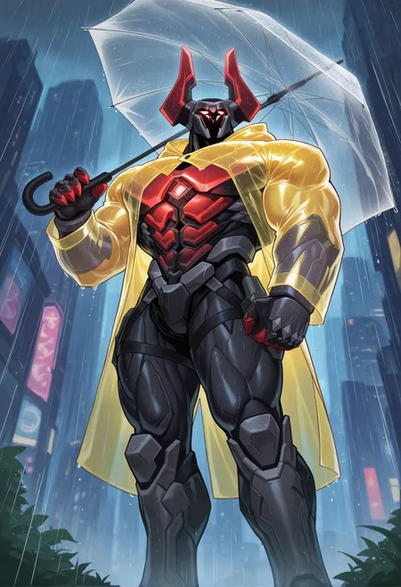 bara,muscular male,comic,
solo,mecha,glowing,yellow raincoat,rain,cityscape,dripping,looking up,holding umbrella,transparent umbrella,hand up,
project-mordekaiser,
very awa,masterpiece,best quality,absurdres,newest,perfect quality,detailed background,intricate details,