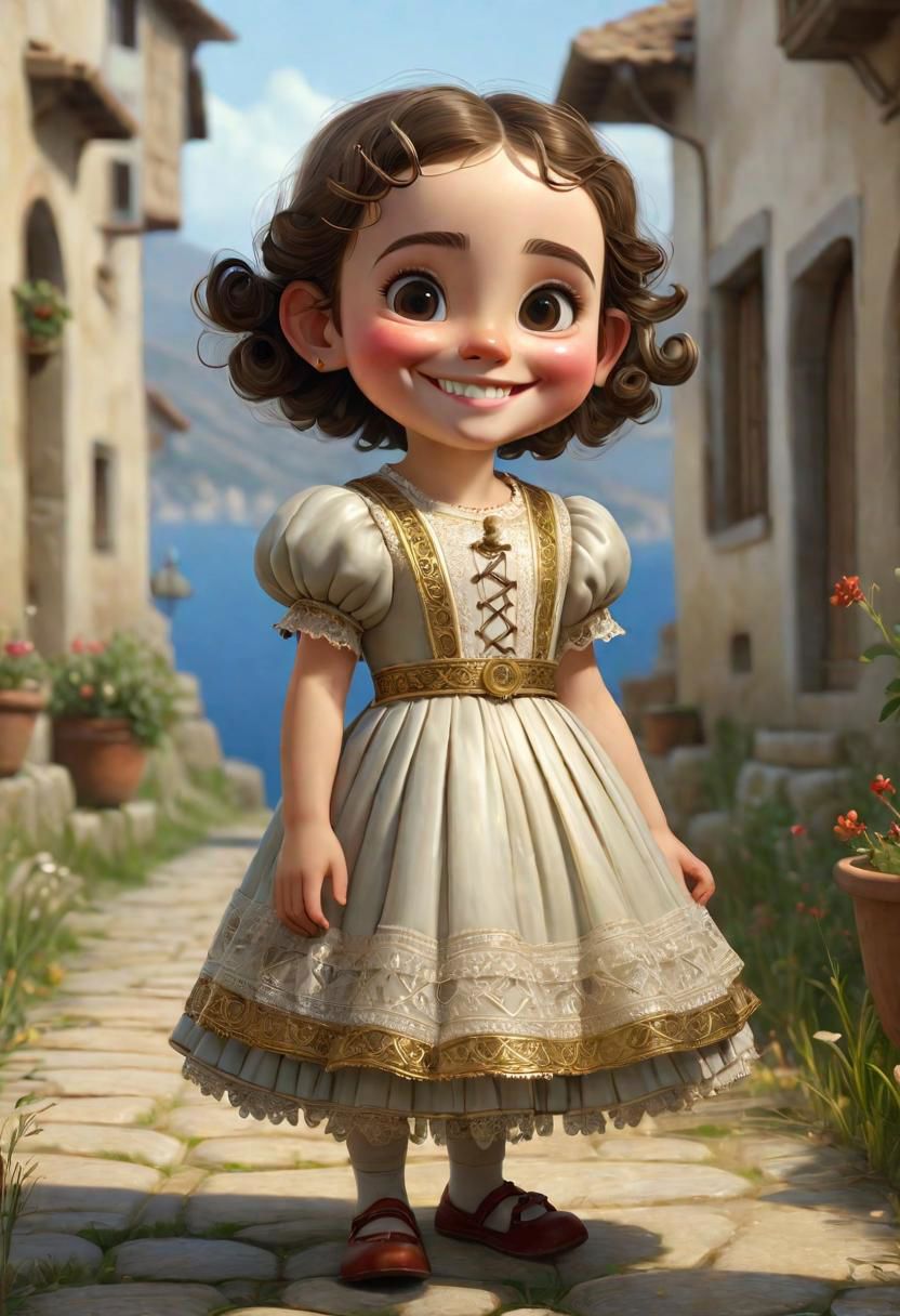 (((masterpiece:1.7))), (((randomly picked cute female child_1.8))), (smiling and happy:1.5),  (full-body shot:2), (randomly picked traditional female costume of Calabria from Arbereshe Community), filigree, 8k, cartoon digital illustration, cute big pixar reflective eyes, unreal engine cinematic smooth, dreamlike, intricate detail, oil on canvas by Mark Ryden, golden ratio, perfect composition, UE5, trending on artstation and cgsociety, soft natural volumetric cinematic perfect light, award-winning photograph, by Anno1313 art style, --chaos