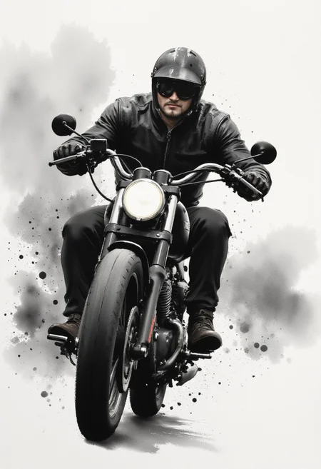 Scene Description: Motorcyclist in Ink Wash Style with dynamic angles.
Setting:
Background: The backdrop is a black ethereal ink wash, featuring soft gradients of grayscale that evoke a sense of grandeur and focus. The background is minimalistic, allowing the character and text to take center stage.
Main Character:
Motorcyclist: depicted in a powerful action shot riding a black Harley Davidson. The perspective angle enhances his stature, making him appear larger-than-life, radiating strength and confidence.
Details: character features are rendered with intricate brush strokes, capturing the essence of his ability. His helmet visor captures slight reflections, while subtle details like the texture of his clothing and the contours of his motorbike are highlighted through the ink wash technique.