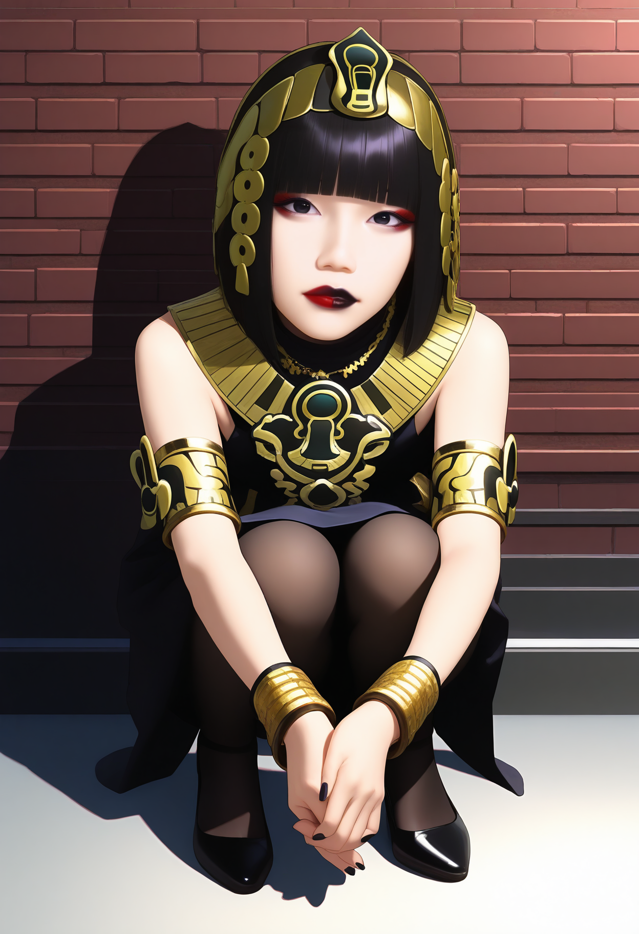 best hands, 5 fingers, <lora:Atropos_IL1.1:0.9>looking at viewer, No expression,
squatting, 
Atropos, 1girl, solo, black short hair, blunt bangs, black eyes, Red and black lips, makeup, jewelry,
necklace, black sleeveless dress, bracelet, armlet, egyptian, black pantyhose, Black Pumps
realistic, realistic_style, asian, 
BREAK indoors, brick wall, shadow,