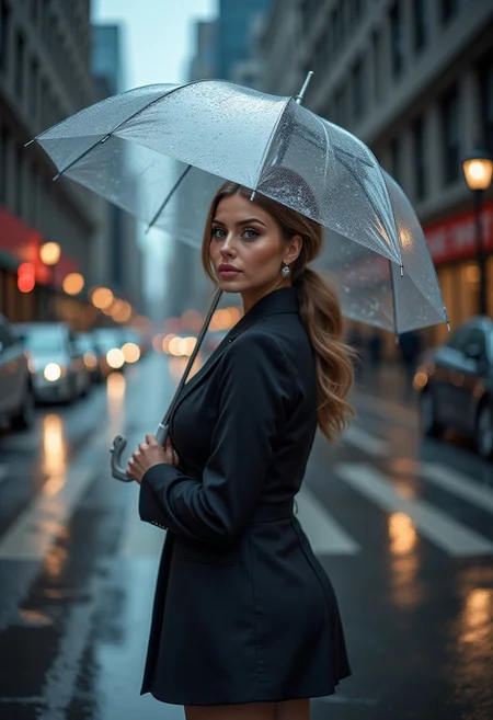 A woman in a black blazer and skirt stands in the middle of a city street holding a clear umbrella. The street is wet from the rain, and the city lights reflect in puddles. The woman's face is turned toward the camera, and she is looking at the viewer with a serious expression. The background is blurred, with tall buildings and streetlights visible in the distance. The image is a striking portrait of a confident and stylish woman. The composition is simple yet effective, drawing attention to the woman and her elegant attire. The use of light and shadow creates a sense of mystery and intrigue. The image is a perfect example of how fashion and photography can come together to create something truly beautiful.