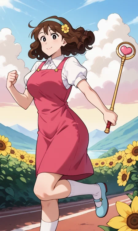 (1girl:1.5), (solo:1.3), (score_9, score_8_up, score_7_up, score_6_up, score_5_up, score_4_up), (source_anime), rating_questionable, looking at viewer, cowboy shot:1.3), outdoors, magical world, fancy, pillar,Parthenon, yellow sky, cloud, 
 (nohara-misae), (black eyes, brown hair, medium hair, curly hair, voluminous hair, fluffy hair, parody hair), (large breasts, wide hips, thick thighs), <lora:nohara-misae-misarin_v1:0.8> (magenta dress, sleeveless, white collared shirt, white puffy short sleeves, hair ornament, yellow flower, blue hairband, white socks, rolled socks, blue footwear, mary janes), (holding wand, heart-shaped wand), wind lift, (running:1.5), (smile, happy, closed mouth:1.2), (from side:1.2)