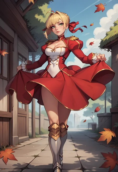 score_9, score_8_up, score_7_up, score_6_up BREAK solo,outdoors,wind lift,leaves,mlneroog, ahoge, blonde hair, epaulettes,  intakes, hair ribbon, juliet sleeves, leotard under clothes, long sleeves, red dress, cleavage cut out, greaves, cleavage, red ribbon, white leotard, french braid, green eyes <lora:NeroClaudiuspdxl:0.7>