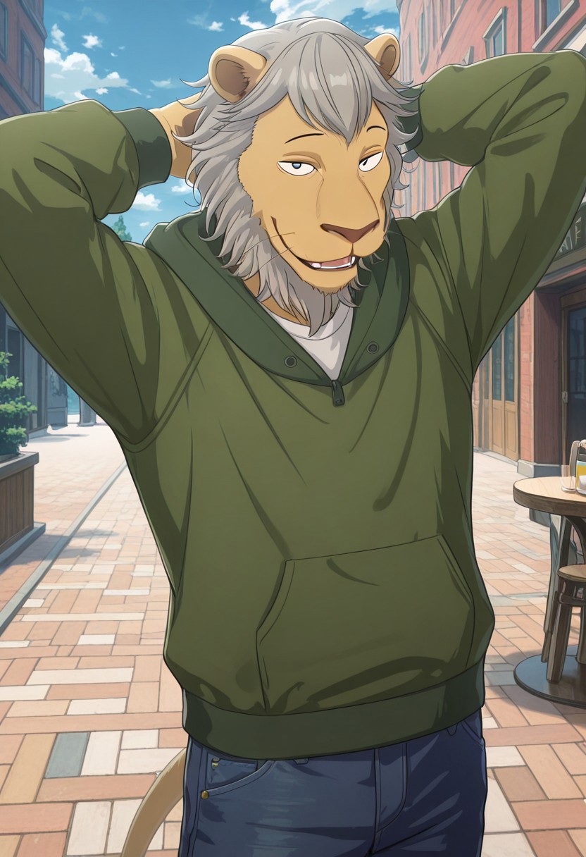 masterpiece, best quality, amazing quality, very aesthetic, absurdres, newest,  high quality, detailed, male, solo male, Eado, 1boy, mature male, male, athletic build, anthro, lion, animal ears, tan fur, grey hair, black eyes, round ears, whiskers, white shirt, green hoodie, blue jeans, half body, looking at viewer, smiling, hands behind head, outdoors, outdoor cafe, volumetric lighting, high angle, standing, cowboy shot, dynamic shot