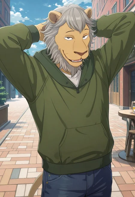 masterpiece, best quality, amazing quality, very aesthetic, absurdres, newest, high quality, detailed, male, solo male, Eado, 1boy, mature male, male, athletic build, anthro, lion, animal ears, tan fur, grey hair, black eyes, round ears, whiskers, white shirt, green hoodie, blue jeans, half body, looking at viewer, smiling, hands behind head, outdoors, outdoor cafe, volumetric lighting, high angle, standing, cowboy shot, dynamic shot