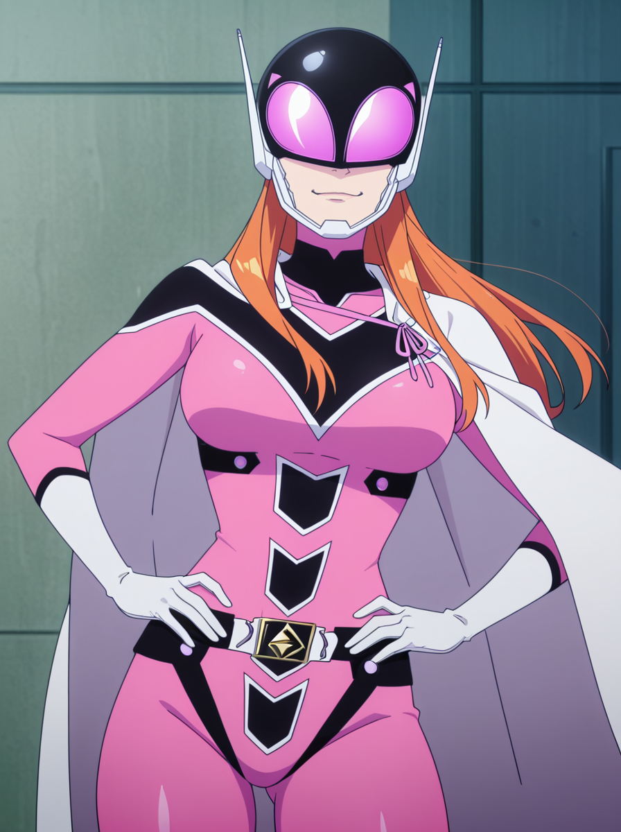 masterpiece, best quality, amazing quality, very aesthetic, absurdres, newest, anime screenshot,  anime coloring,  <lora:SeseraSakurama:1>1girl, long hair, gloves, , orange hair,keeperbodysuit, cape, helmet pinkeeper thick thighs,  smirk smug, hands on own hips,