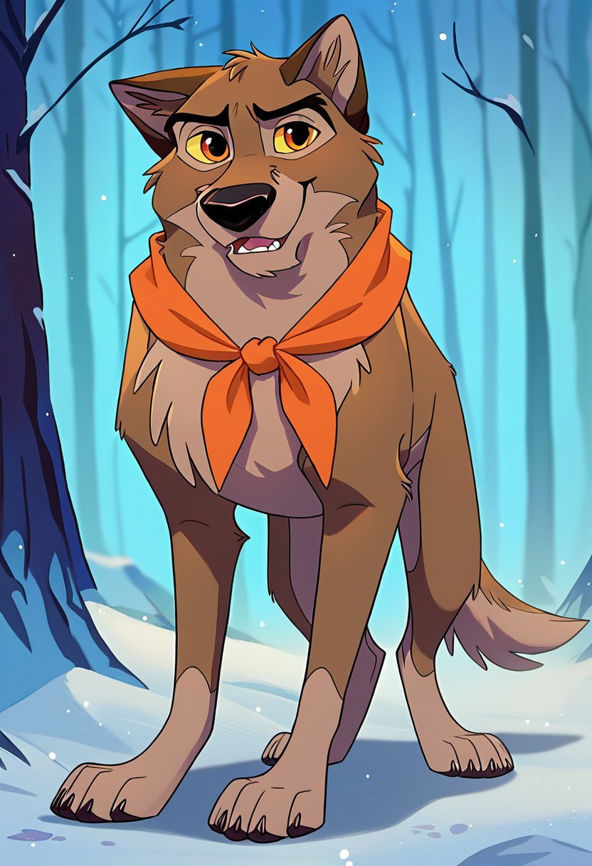 score_9, score_8_up, score_7_up, source_furry, source_furry, baltotwd, wolfdog, solo, feral, full body, snowing, forest, orange neckerchief