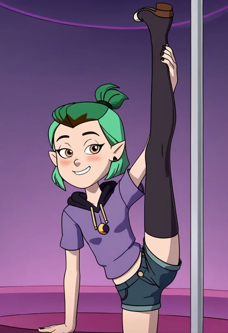 score_9,score_8_up,score_7_up, TDPStyle, disney the owl house Amity Blight, sexy attire, 1 girl, green hair, medium hair, half updo happy face, blush, small breast , Expressiveh, hoodie, short sleeves, hood down, purple shirt, white shirt, denim shorts, leggings under shorts, black leggings, sly smile, eyes half open, cowboy shot, looking at viewer, stripper, stripper pole, pole dancing, standing on one leg,standing split,leg hold,leg lift,