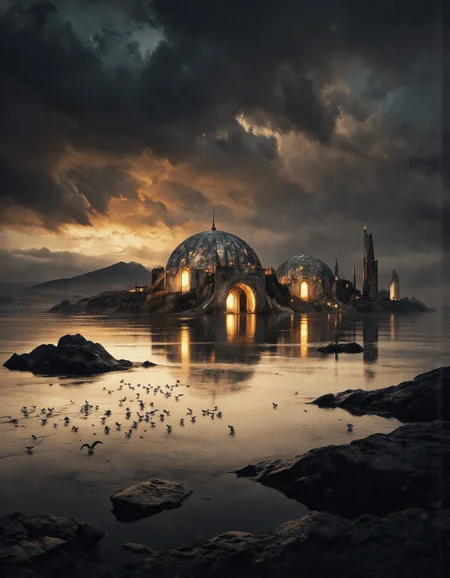 . A surreal digital illustration shoot from a far camera angle about a serene landscape featuring a group of large, domed structures with glowing windows, surrounded by calm, reflective water. the scene is set against a dramatic, stormy sky with dark, ominous clouds and a distant mountain in the distance. in the foreground, a large group of seagulls are flying around the structures, which appear to be made of stone or concrete, and they are illuminated by the warm, golden light of the setting sun. the structures are arranged in a scattered manner, with some standing still and others partially submerged in the water, creating a sense of depth and mystery. the overall atmosphere of the image is one of calmness and tranquility, with the dramatic lighting casting shadows and highlighting the intricate details of the structures.