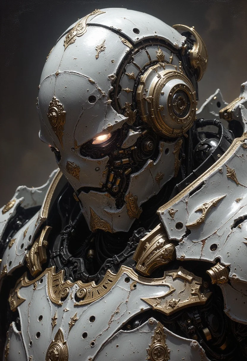 detailed renaissance oil painting, masterpiece, FredFraiStyle, closeup view of a battle robot, white ceramic armor, reflective faceplate, glowing circuitry, robot joints and cables, masterpiece, perfect composition