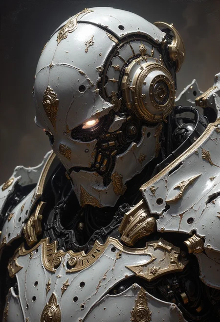 detailed renaissance oil painting, masterpiece, FredFraiStyle, closeup view of a battle robot, white ceramic armor, reflective faceplate, glowing circuitry, robot joints and cables, masterpiece, perfect composition