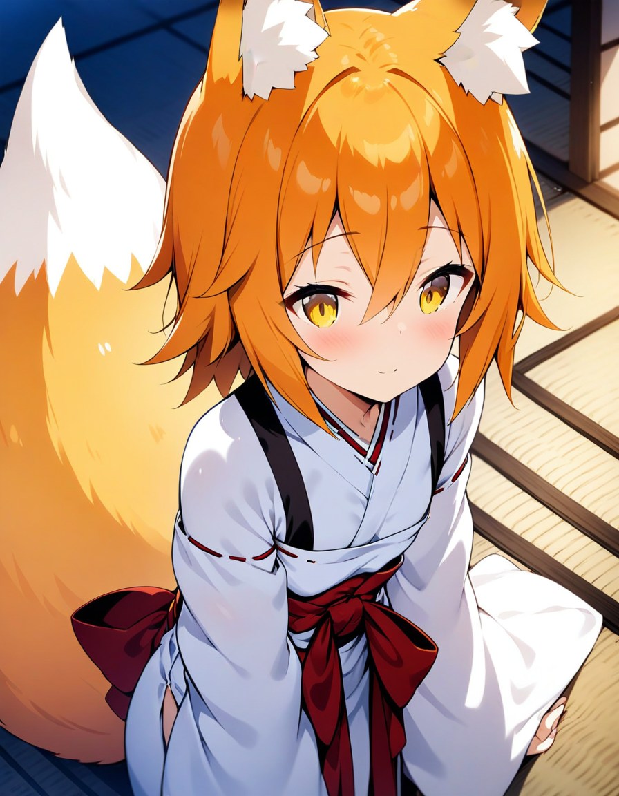 masterpiece, best quality, <lora:Senko-San_lora_XL_dev_0.1:1> senko, fox animal ears, yellow eyes, long sleeves, orange hair, japanese clothes, hair between eyes