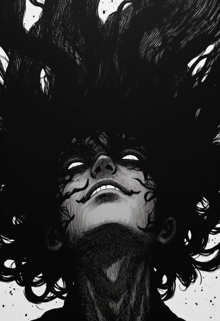 nistyle, monochrome Manga Sketch, extreme head Closeup, a dark ethereal womans black billowing hair, hair floating upward, Killing Gaze smile, eerie, Shrouded in darkness, shaded eyes, Low angle View, hyperdetailed manga sketch style, with bleaked  color Highlights, grey, and white color grading. Greyscale, intricate Face lines, black skin